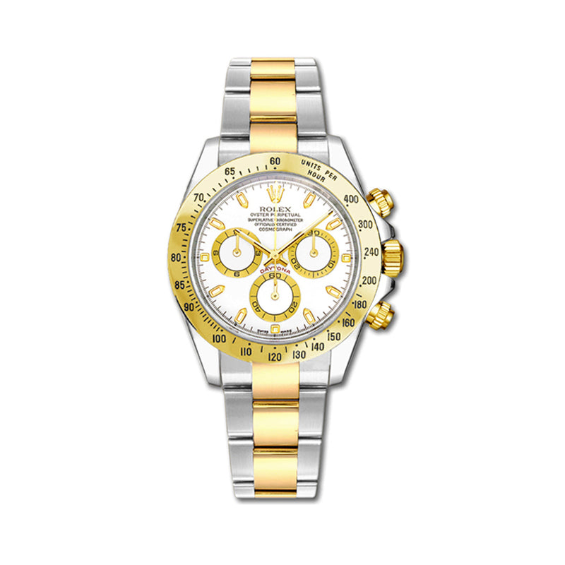 Rolex Daytona Cosmograph 40mm 2-Tone 18k Yellow Gold & Stainless Steel Oyster White Dial Gold Bezel Watch 116523