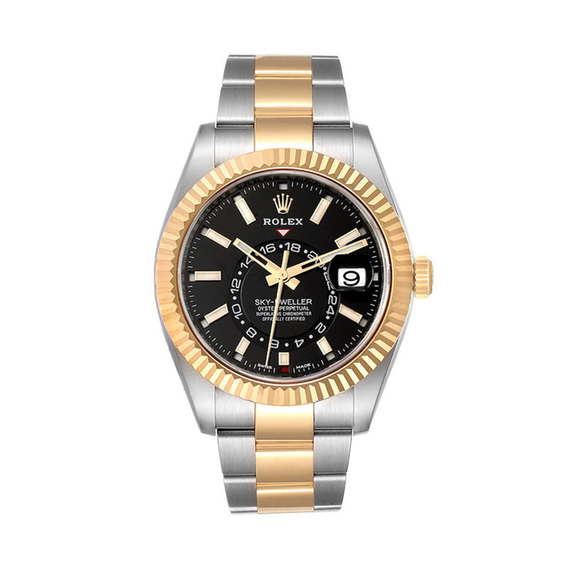 Rolex Sky-Dweller 42mm 2-Tone 18k Yellow Gold & Stainless Steel Fluted Bezel Black Dial Oyster Watch 326933