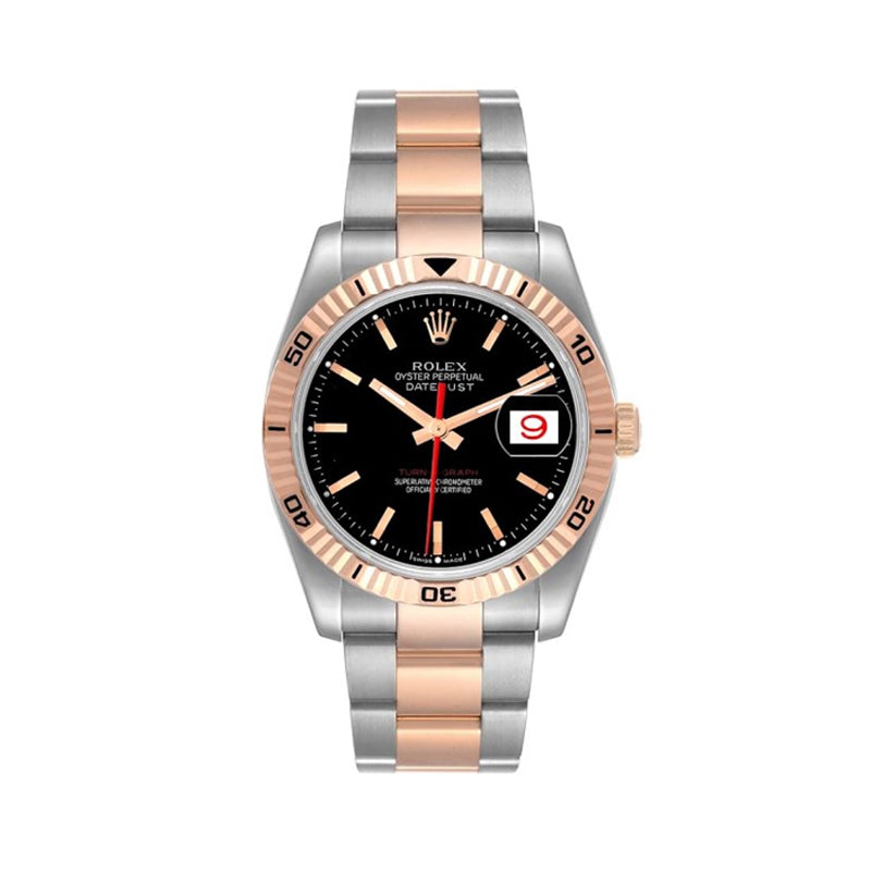 Rolex Datejust Turnograph 36mm 2 Tone 18k Rose Gold & Stainless Steel Black Dial Fluted Bezel Oyster Steel Watch 116261