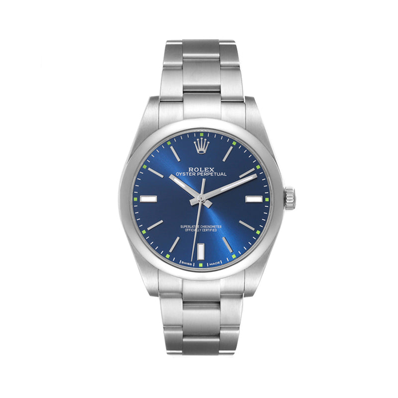 Rolex Oyster Perpetual Date 39mm Blue Dial Smooth Bezel Oyster Stainless Steel Watch 114300