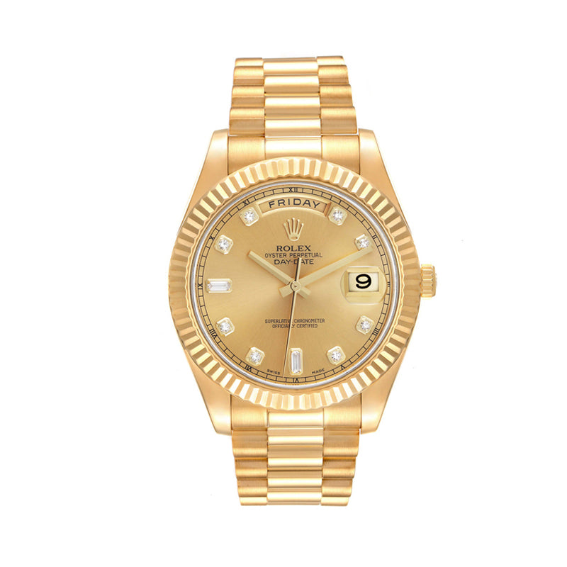 Rolex Day Date President 41mm 18k Yellow Gold Fluted Bezel Champagne Dial with Diamonds Watch 218238