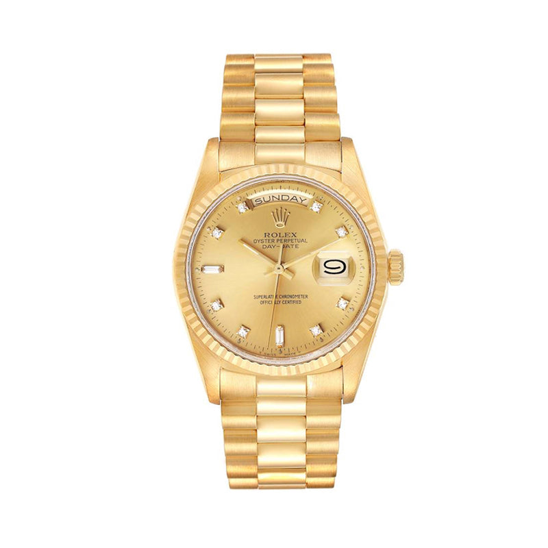 Rolex President Day-Date 18K Yellow Gold Champagne Factory Diamond Dial Fluted Bezel Double Quickset Watch 18238