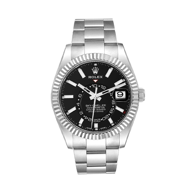 Rolex Sky-Dweller 42mm 18k White Gold Bezel Black Dial Oyster Stainless Steel Watch 326934